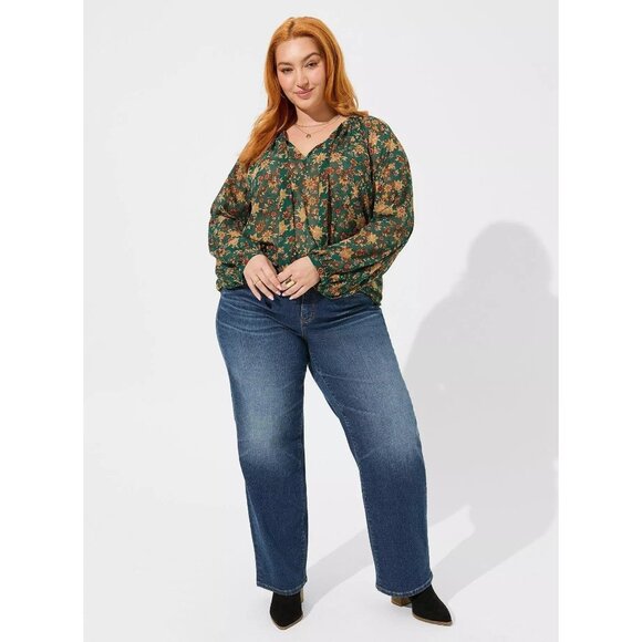 TORRID Plus 3X Green Floral Long Sleeve Blouse V Neck Tie Front Shirt Top - Picture 3 of 12